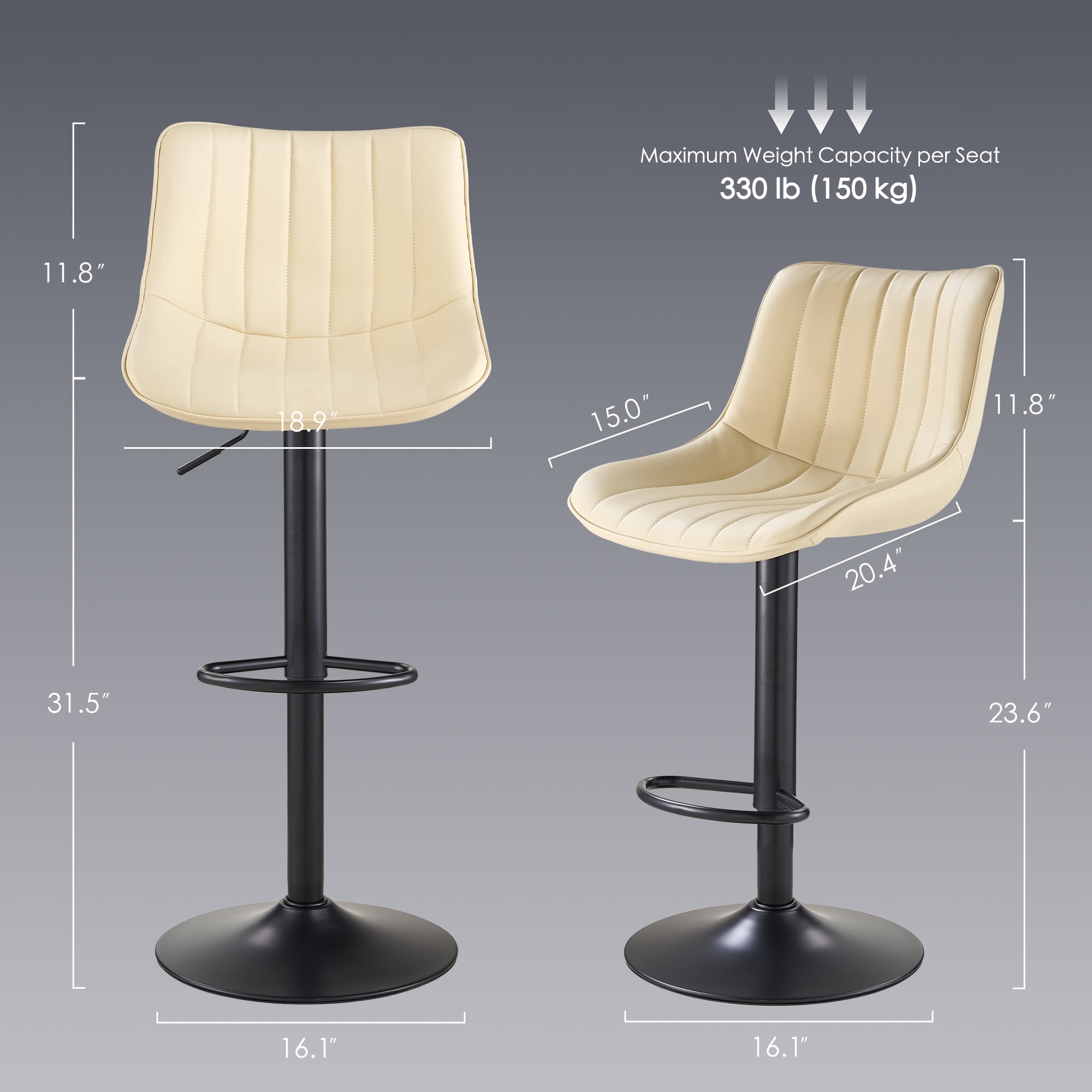 AUNEKIV Bar Stools, Swivel Counter Height Barstools with Back, Adjustable Faux PU Leather Bar Chairs, Modern Armless Kitchen Island Stool, Beige