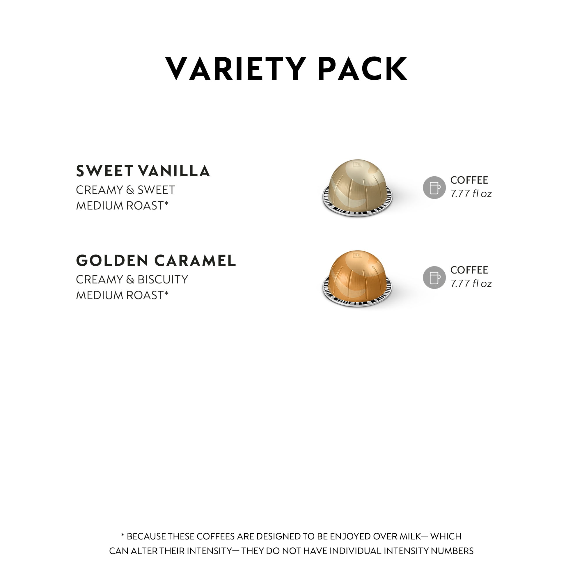 Nespresso Capsules Vertuo, Medium Roast Coffee, Variety Pack, Sweet Vanilla, Golden Caramel, 40- Count Coffee & Espresso Pods, Brews 7.77 oz