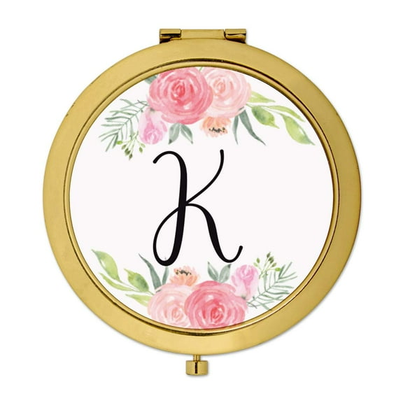 Koyal Wholesale Compact Mirror Bridesmaid's Wedding Gift, Gold, Monogram Letter K, Peach and Pink Roses, 1-Pack