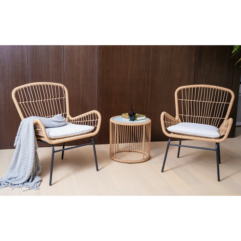 Balcony Furniture 3 Piece Patio Set Outdoor Wicker Chairs with Glass Top Table and Soft Cushion Rattan Front Porch Furniture