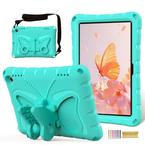 for Amazon Kindle Fire HD8 / HD8 Plus 2024/2022/2020 Case with Crossbody Strap, Butterfly Stand Cute Kids Friendly Shockproof Protective Heavy Duty Case Cover for HD8/HD8plus 2024/2022/2020 - Mint