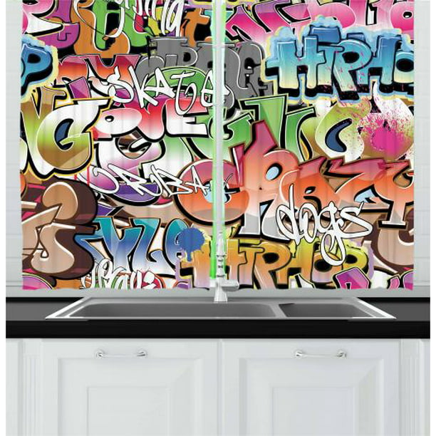 Urban Graffiti Curtains 2 Panels Set Blockbuster Style Graffiti Sprayed Overlapping Blocky Letters Street Art Window Drapes For Living Room Bedroom 55w X 39l Inches Multicolor By Ambesonne Walmart Com Walmart Com