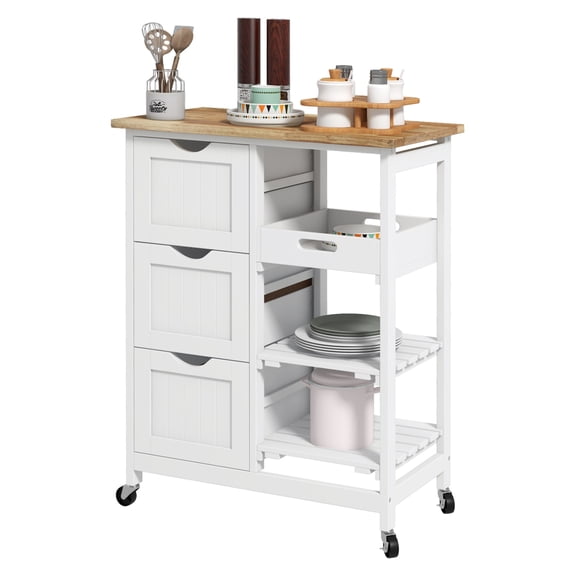 Rolling Kitchen Cart with Wood Top, Kitchen Island on Wheels, Shelves & Drawers - White