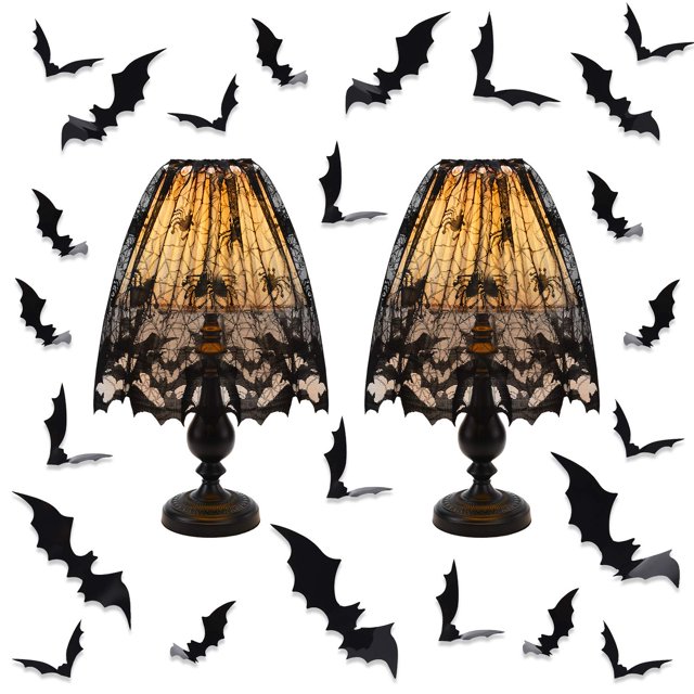 piezas de decoración de cubierta de pantalla de lámpara de Halloween, cinta de encaje negro, pantallas de lámpara de tela de araña, cubierta de bufanda para fiestas festivas, suministros de decoración de interiores, cubierta de pantalla de lámpara de telaraña grande de 20 x 60 pulgadas brillar Electrónica