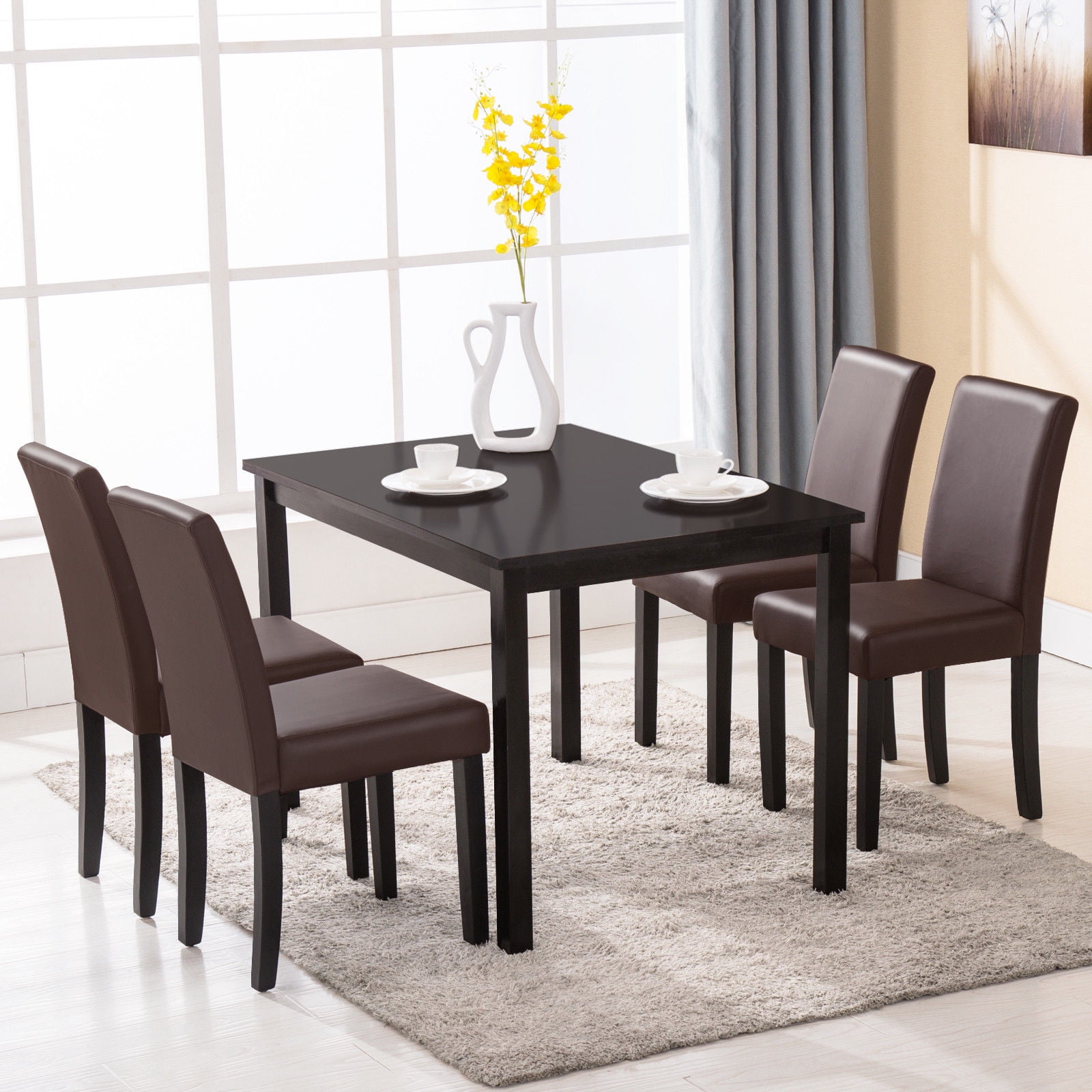 Mecor 5 Piece Dining Table Set Wood Table/4 Leather Chairs Kitchen Room