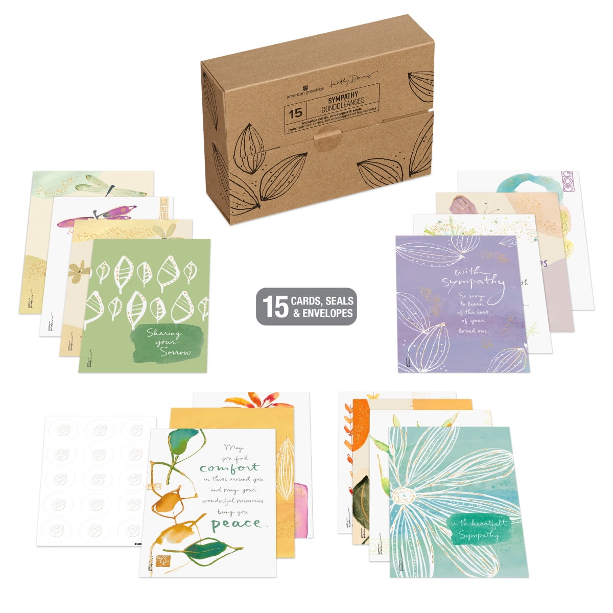 Carlton Cards - Assortiment de 15 cartes de condoléances avec enveloppes et cachets (motifs Kathy Davis, Fleurs aquarelle)