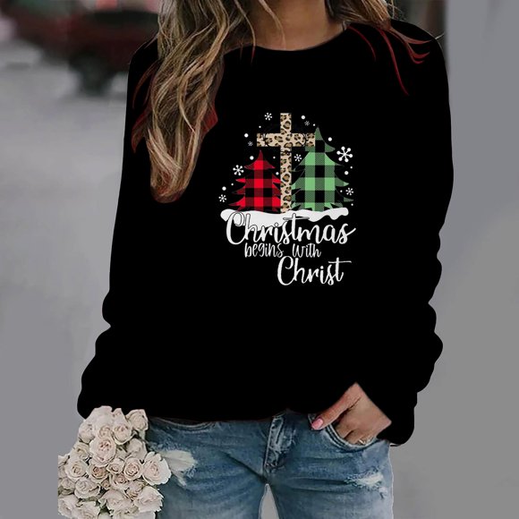 Christmas Sweatshirt for Women 2023 Tops Christmas Print Round Neck Sweater Loose Blouse Hoodless Sweatshirt On Clearance