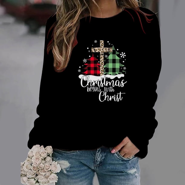 Pntutb Tops de mujer Suéter de cuello redondo con estampado navideño Blusa suelta Sudadera sin capucha Pntutb Pntutb-3662