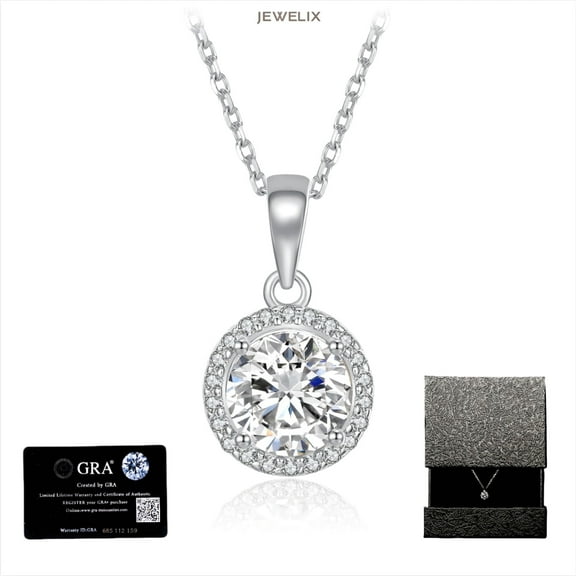 JEWELIX Moissanite 18K White Gold Plated Sterling Silver Round Cut Pendant Necklace, Halo Necklace, 1 Carat, Gift for Her
