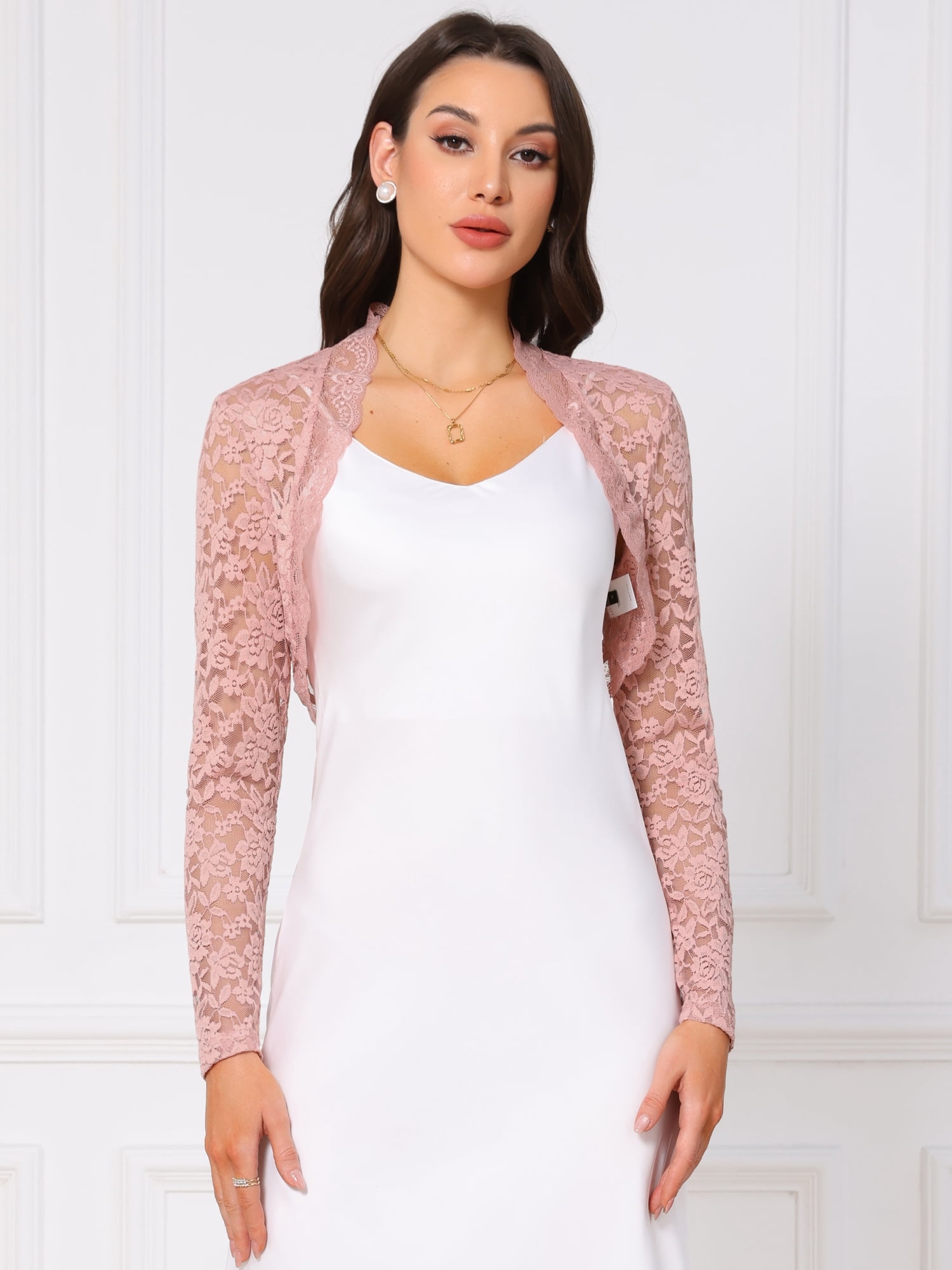 DARING DIVA Women's Floral Bolero Shrug Long Sleeve Sheer Cropped Lace Cardigan M Pink