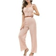 thumbnail image 2 of QUNYINEY Lace Pajamas for Women Set with Bow Sleeveless 2 Piece Pink Tank Tops And Pants Ruffle Square Neck Softies Loungewear Set for Women, 2 of 7