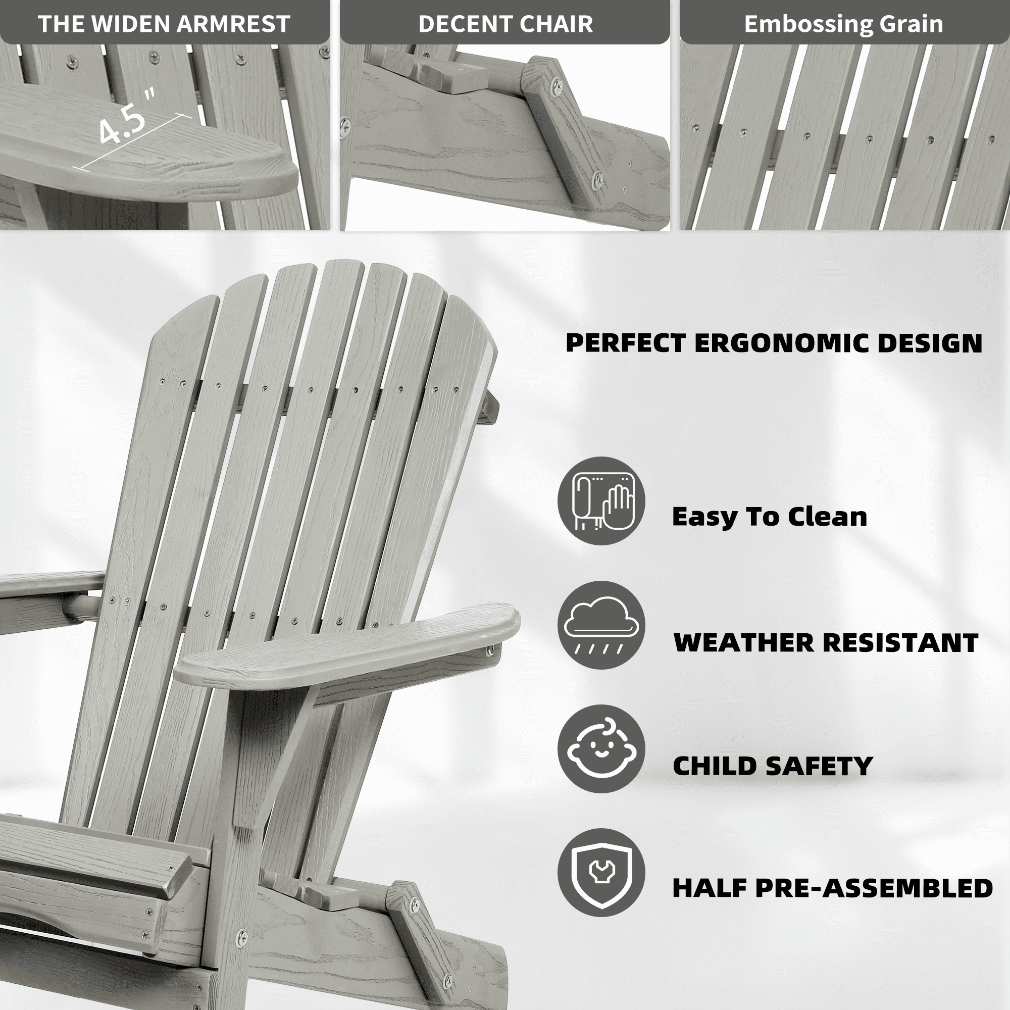 Outdoor Adirondack Chairs Set of 2, Foldable Solid Cedar Wood Slate Gray Lounge Chairs for Patio Backyard | Solid Wood | Slate Gray
