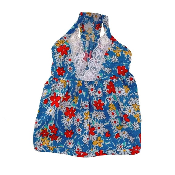 Small Dog Dress,Summer Floral Dress Clothes for Puppy Cat,Lace Neckline Girl Doggie Cats Skirt Outfits for Beach Party Blue XS