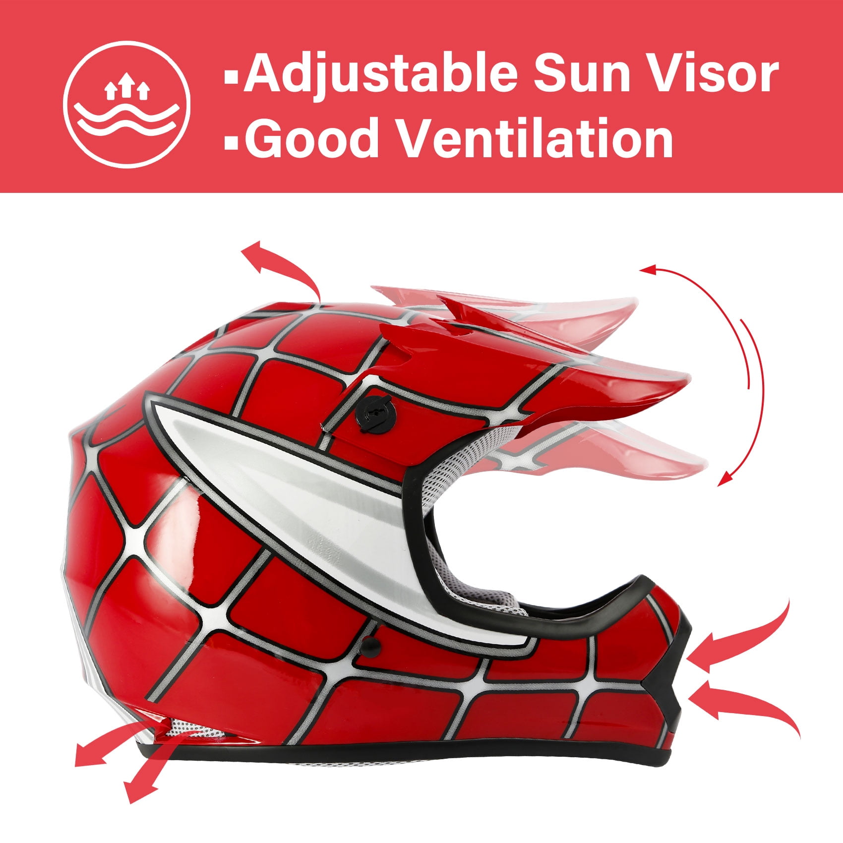 TCMT DOT Motorcycle Helmet for Kids Red Spider Net with Goggles & Gloves for Atv Mx Motocross Offroad Street Dirt Bike Youth L Size