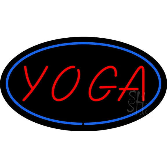 Oval Red Yoga Blue Border LED Neon Sign 13 x 24 - inches, Black Square Cut Acrylic Backing, with Dimmer - Bright and Premium built indoor LED Neon Sign for Spa interior decor and storefront.