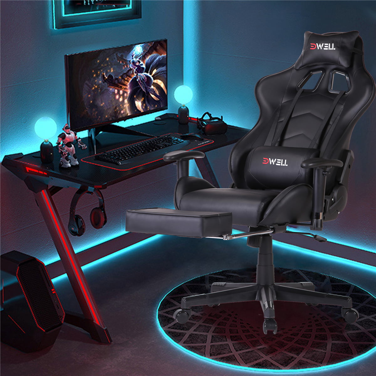 EDWELL Ergonomic Gaming Chair with Headrest and Lumbar Massage Support，Racing Style PC Computer Chair Height Adjustable Swivel with Retractable Footrest Executive Office Chair Black 