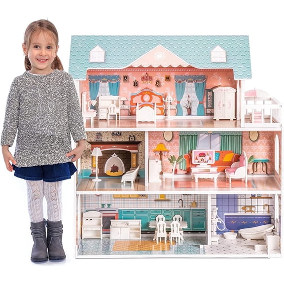 Robud Lady Wooden Dollhouse,3 Story with Balcony,28 Accessories Toy Gift for 3 Years Kid Girls