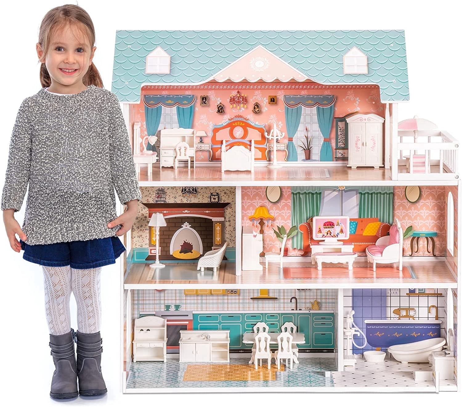Robud Lady Wooden Dollhouse, 3 Story with Balcony