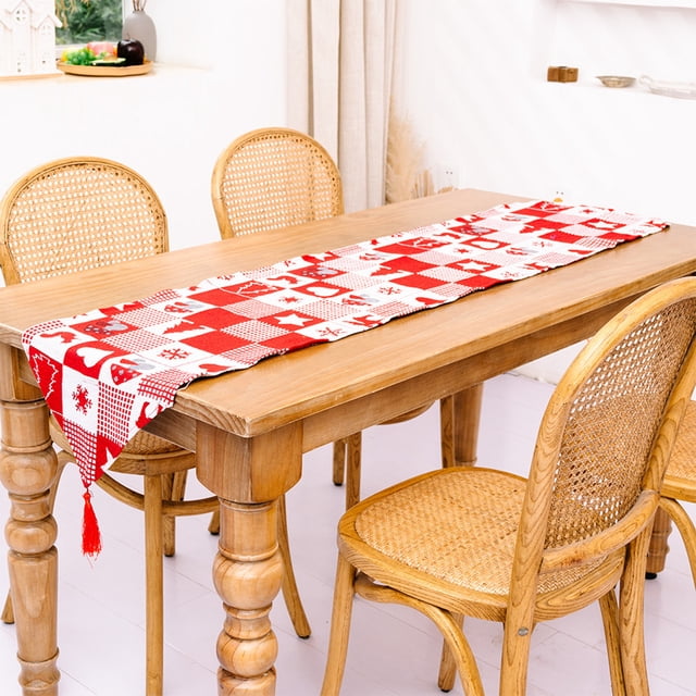 Camino de mesa con copos de nieve para decoración navideña, estilo invernal, rojo y verde. Ideal para restaurantes y fiestas.