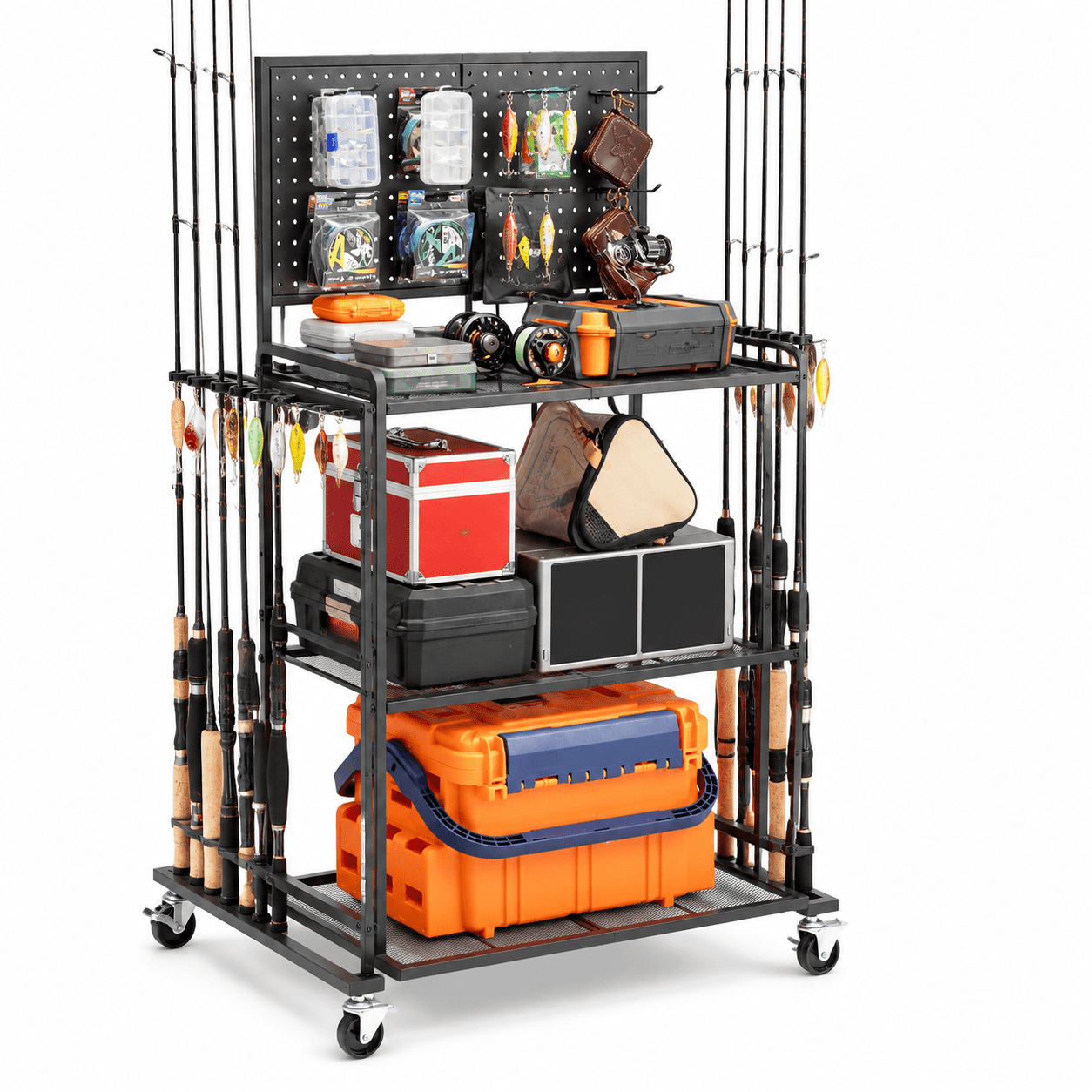Black-8 Hooks 3-side fence large Fishing Rod Rack with Pegboard and Rolling Casters