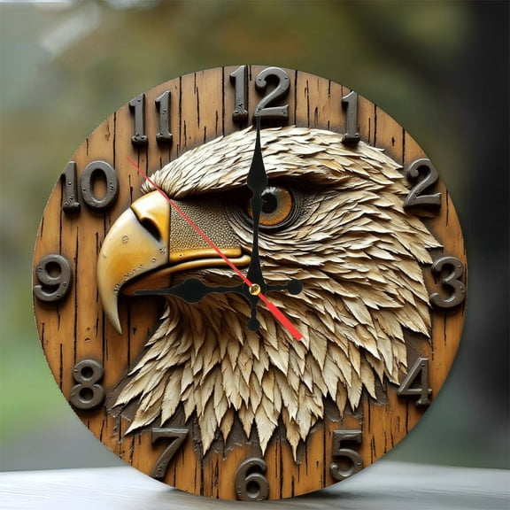 Eagle Wall Clock Home Decoration Unique Art 10-Inch Silent Wooden Wall Clock, Battery Operated (AA Batteries Not Included), Artistic Home Decor