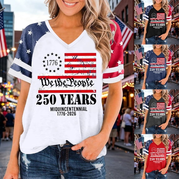 CAIXIA 250th Anniversary USA Shirt Women American Flag T Shirt 4th of July Patriotic Tees 250 Years America Tops