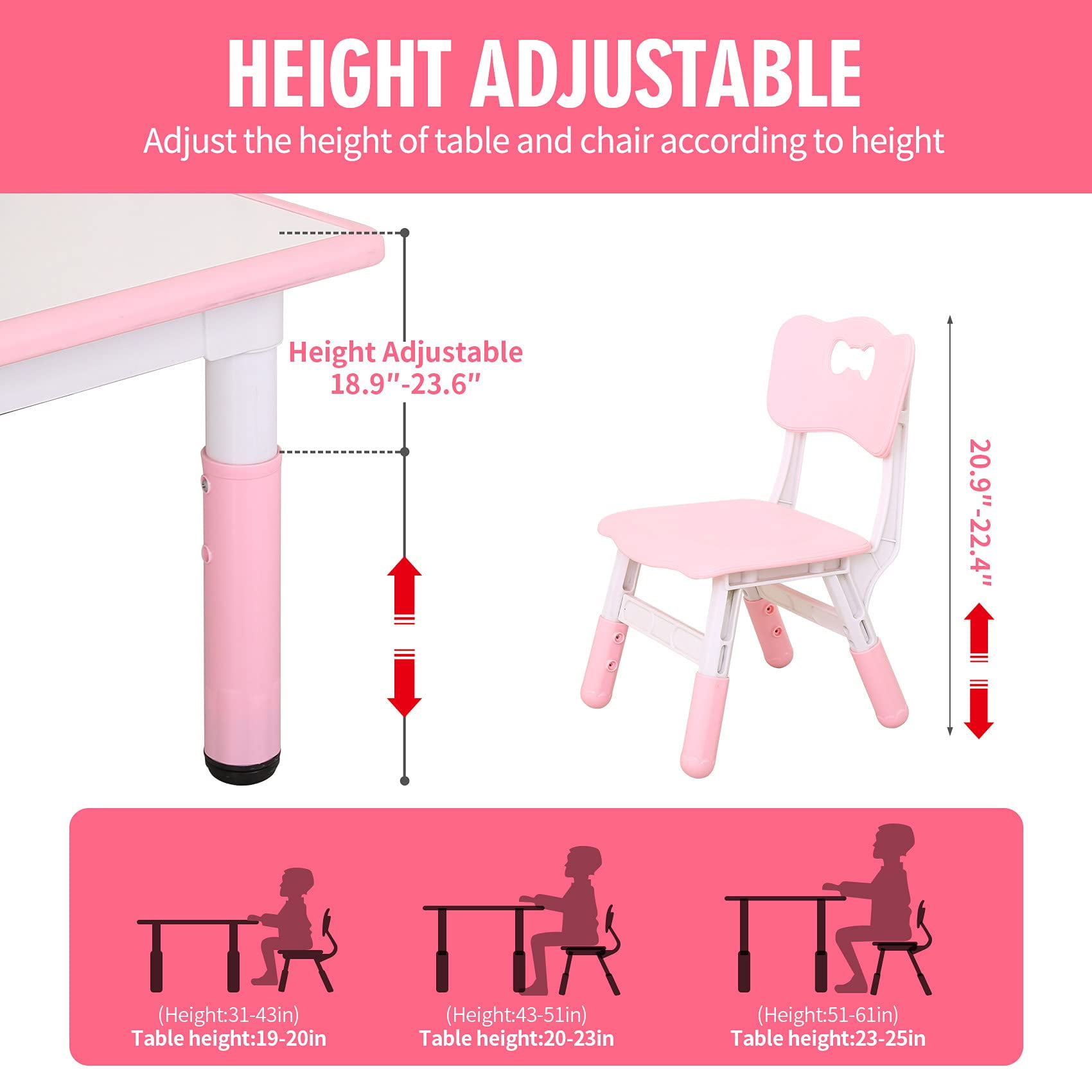 UNICOO® - Kids Study Table and Chairs Set, Height Adjustable Plastic Children Art Desk with 4 Seats, Kids Multi Activity Table Set (White Top + Pink Border)