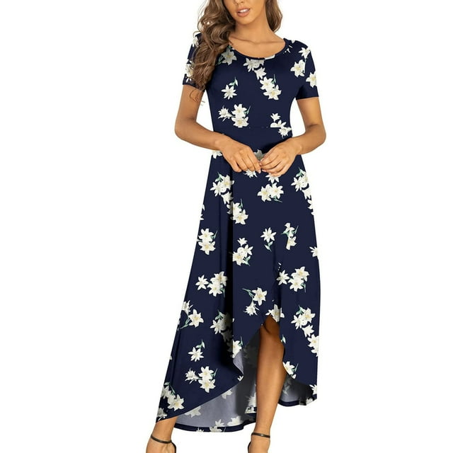 SMihono Robe Bohème d'Été pour Femmes Grande Taille Robes d'Été pour Femmes Robe à Manches Courtes Décontractée Fluide Asymétrique Longue Robe Maxi