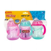 Nuby Clik-It Grip N' Sip Soft Spout No-Spill Training Sippy Cup with Handles - (3-Pack) 10 oz - 4+ Months - Aqua/Purple/Pink