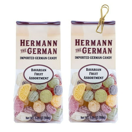 Hermann the German Bavarian Fruit Assortment Hard Candy 5.29 oz. X 2 with Bonus Vintage Design Metallic Bag Clip (3-Pc Set)