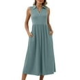 thumbnail image 2 of Aqestyerly Robe Longue Drapée à Col en V pour Femmes Couleur Unie Sans Manches Col à Revers Robe Longue Respirante Mélange Coton Lin pour l'Été, 2 of 9