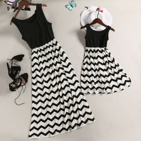 

Family Matching Dress Mommy and Me Boho Wave Stripe Patchwork Maxi Dress Casual Sleeveless Beach Dress