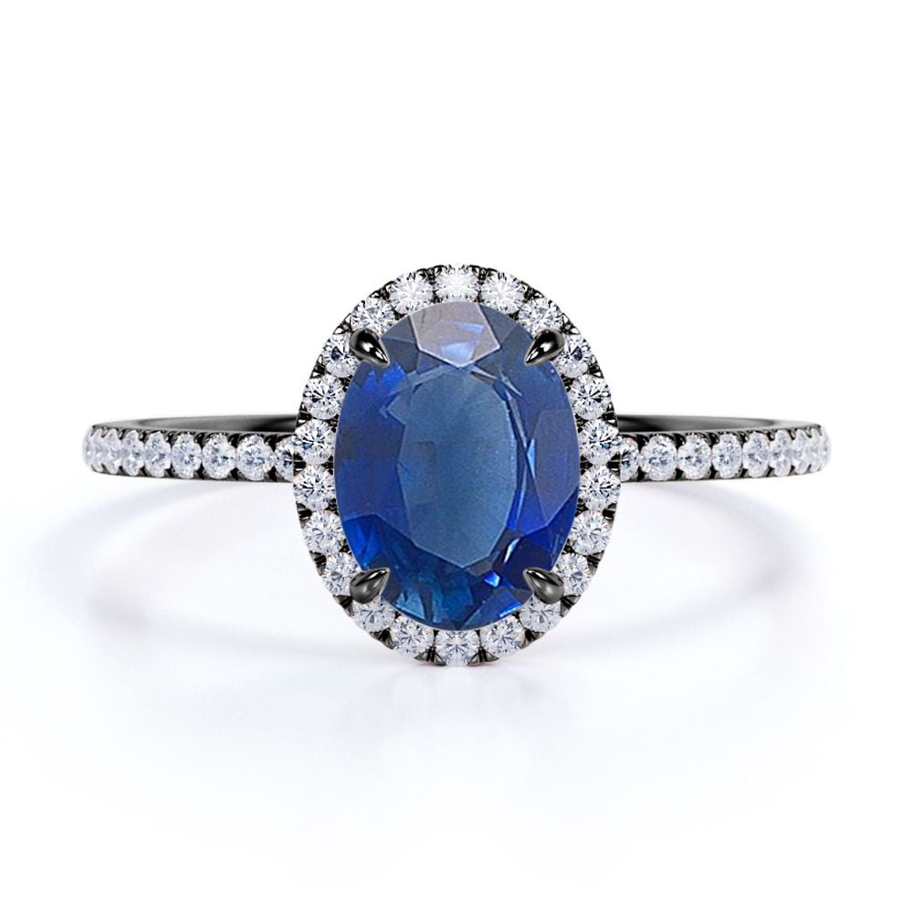 JeenMata Classic Halo Design 1.50 TCW Oval Cut Lab-Created Blue Sapphire and Moissanite Pave Accented Engagement Ring in 18K Black Gold Plating over Silver