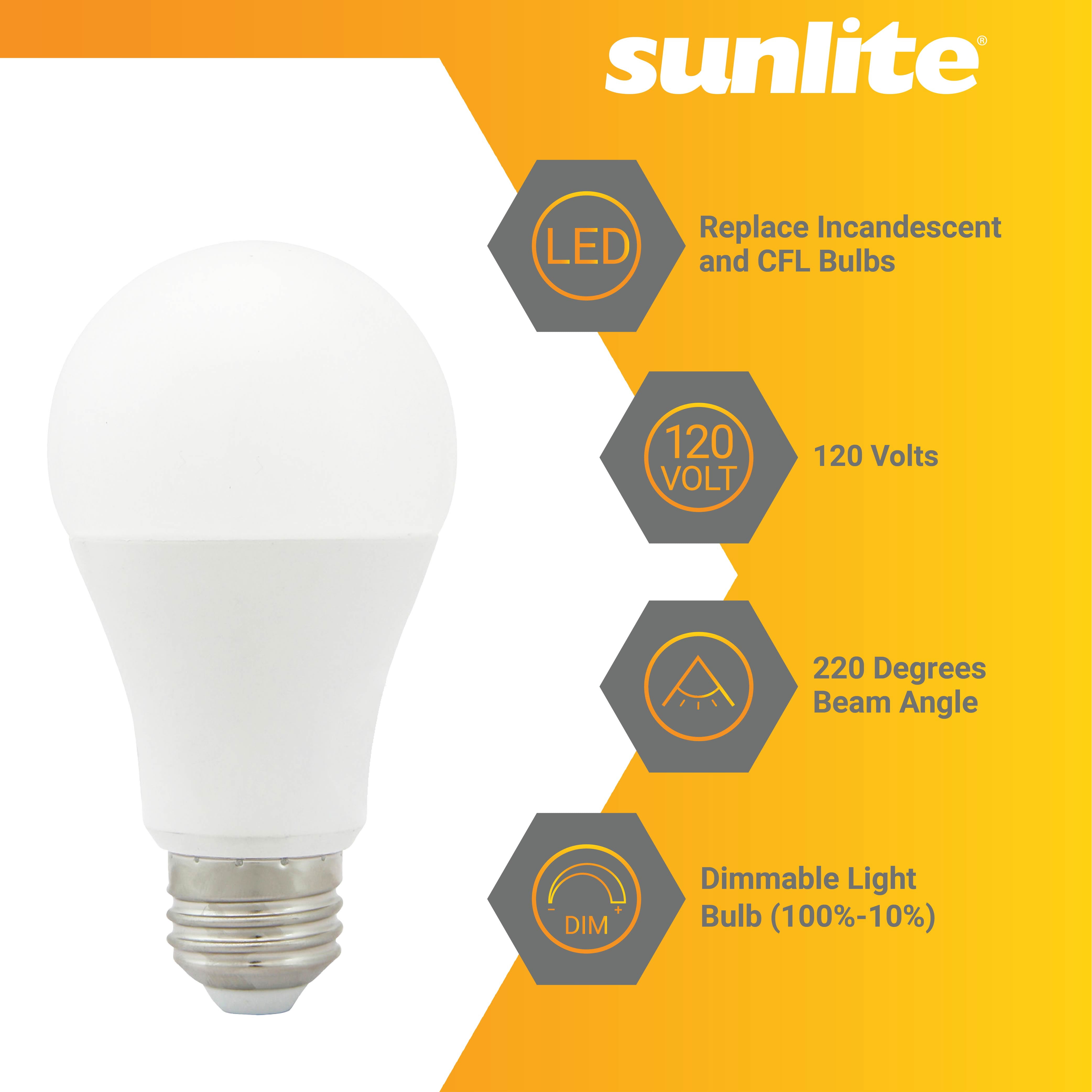 Sunlite LED A19 Light Bulb, 15 Watts (100 Watt Equivalent), 1600 Lumens, 120 Volts, Dimmable, Medium E26 Base, UL Listed, 3000K Warm White, 6 Pack