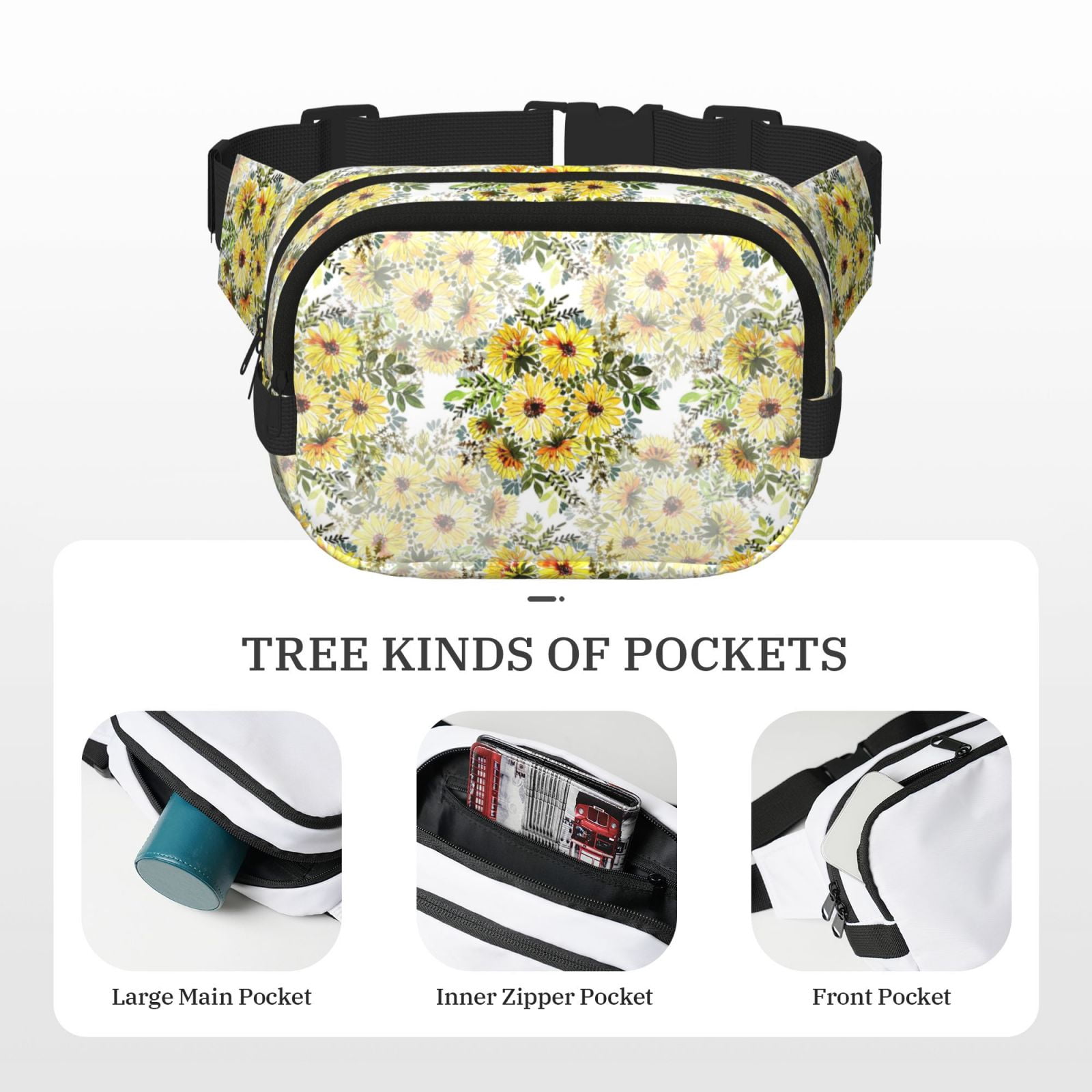 Picia Daisies And Wildflowers Print Square Double-Layer Waist Bag Mini Adjustable Waist Belt Bag Exercise Running Travel Hiking