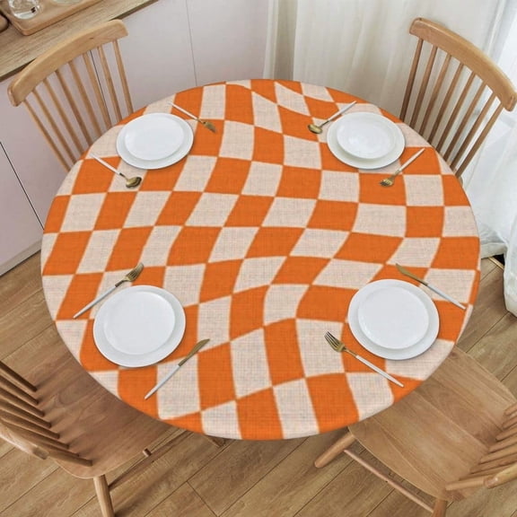 Round Fitted Tablecloth with Elastic Orange Checkered Design Round Outdoor Tablecloths Fitted Table Covers for Round Tables Waterproof Reusable Vinyl Table Cloth for Indoor and Outdoor 44"-48"
