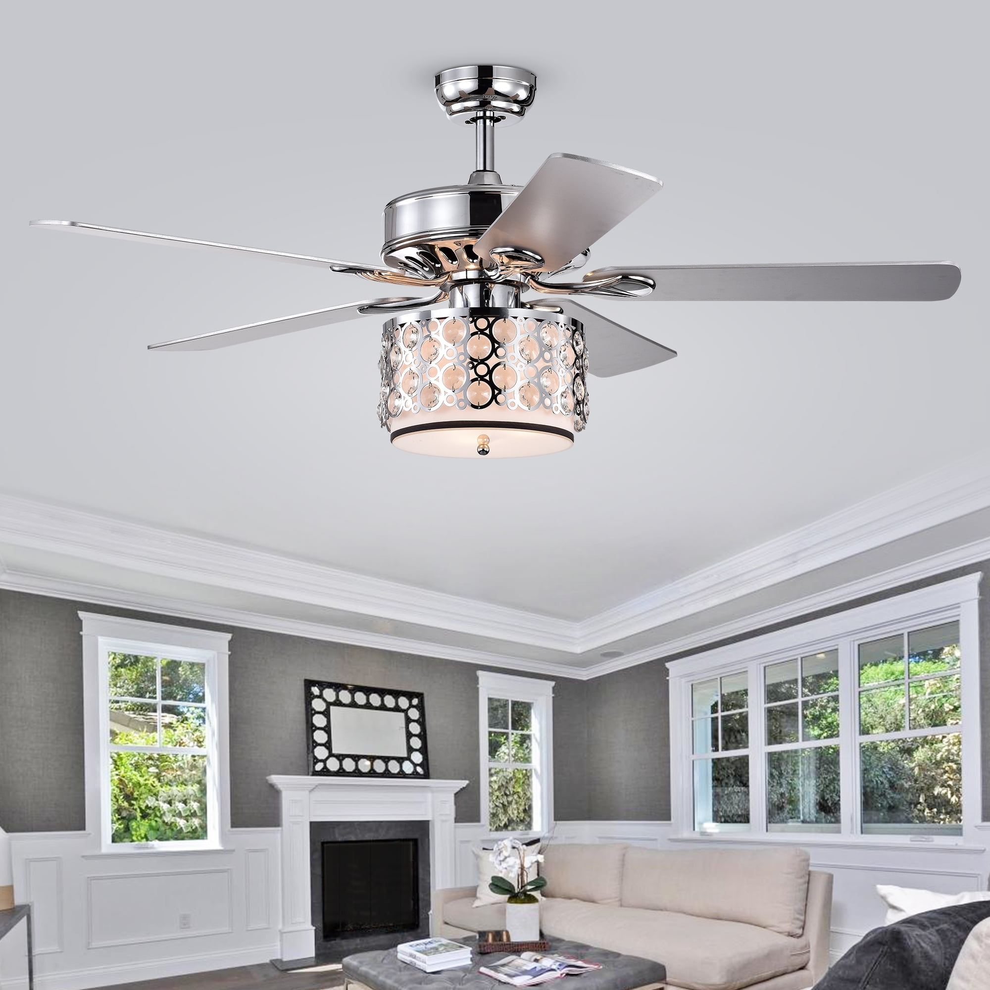 Warehouse of Tiffany Shepherd 52-inch 5-Blade Lighted Ceiling Fan with Chrome and Glass Shade Remote Controlled