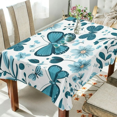 

WOBOGO Light Blue Butterflies Flowers and Leaves Square Tablecloth 54×54in Polyester Fabric Tablecloth Washable Dust Resistant Wrinkle Resistant
