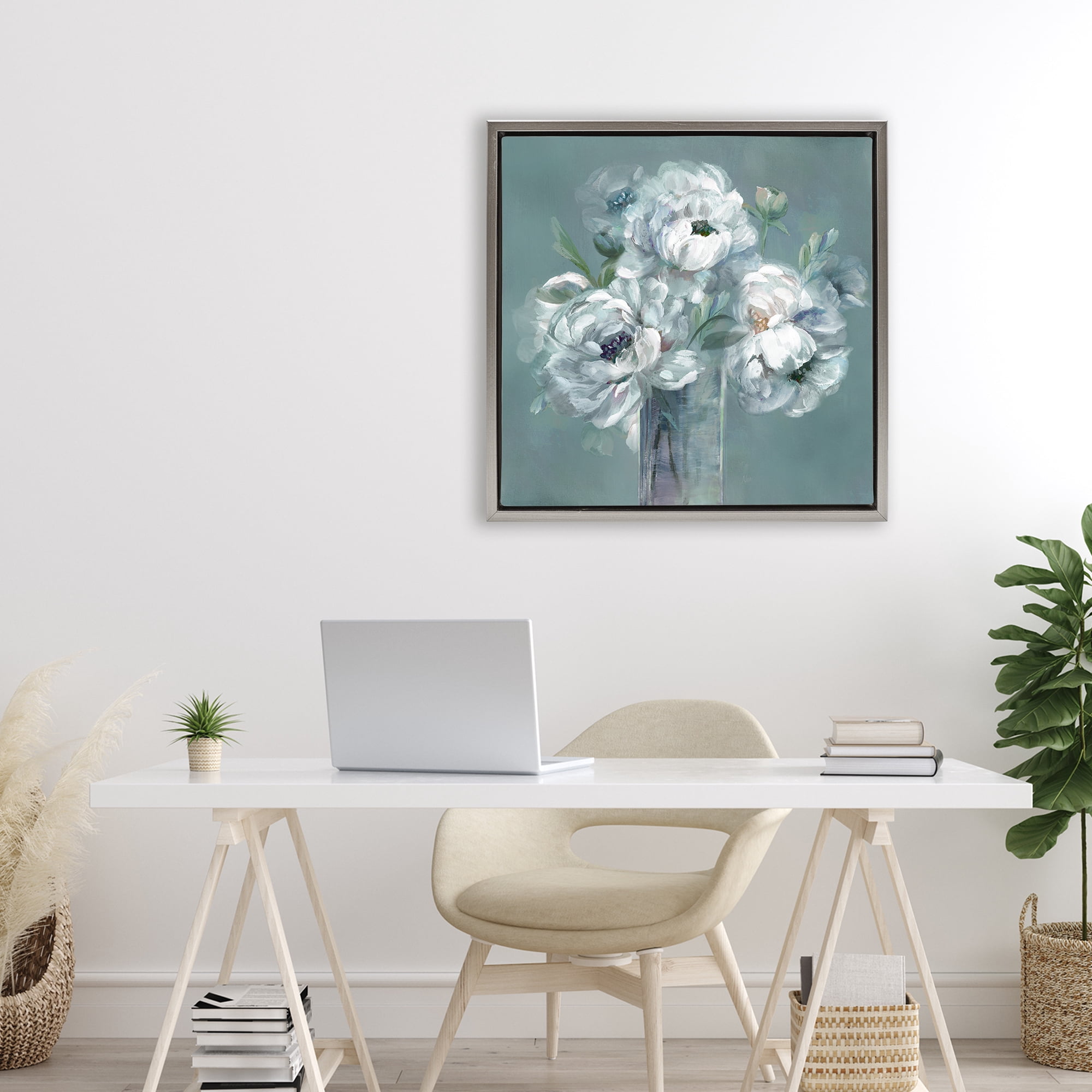 Stupell Industries White Peony Impression in Vase Gray Framed Floater Canvas Wall Art, design by Nan