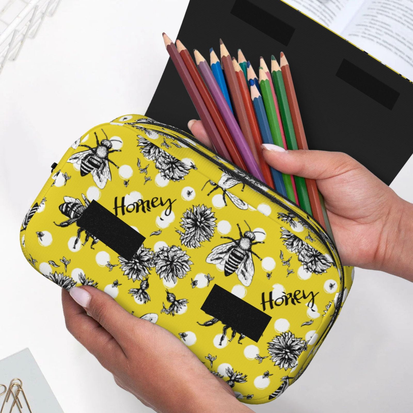 Rateoe Honeybee Pattern Double Clamshell Pen Case, Storage Organizer with Two Zipper Compartments– Holds Up to 50 Pencils & Pens