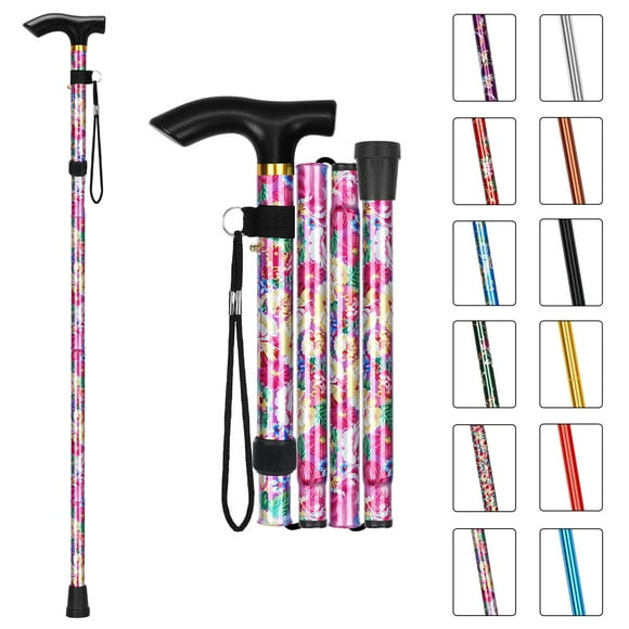 Bastón plegable MFE, portátil, ajustable en 5 niveles de altura, con diseño plegable, correa de muñeca y mango en T para hombres y mujeres, diseño floral rosa