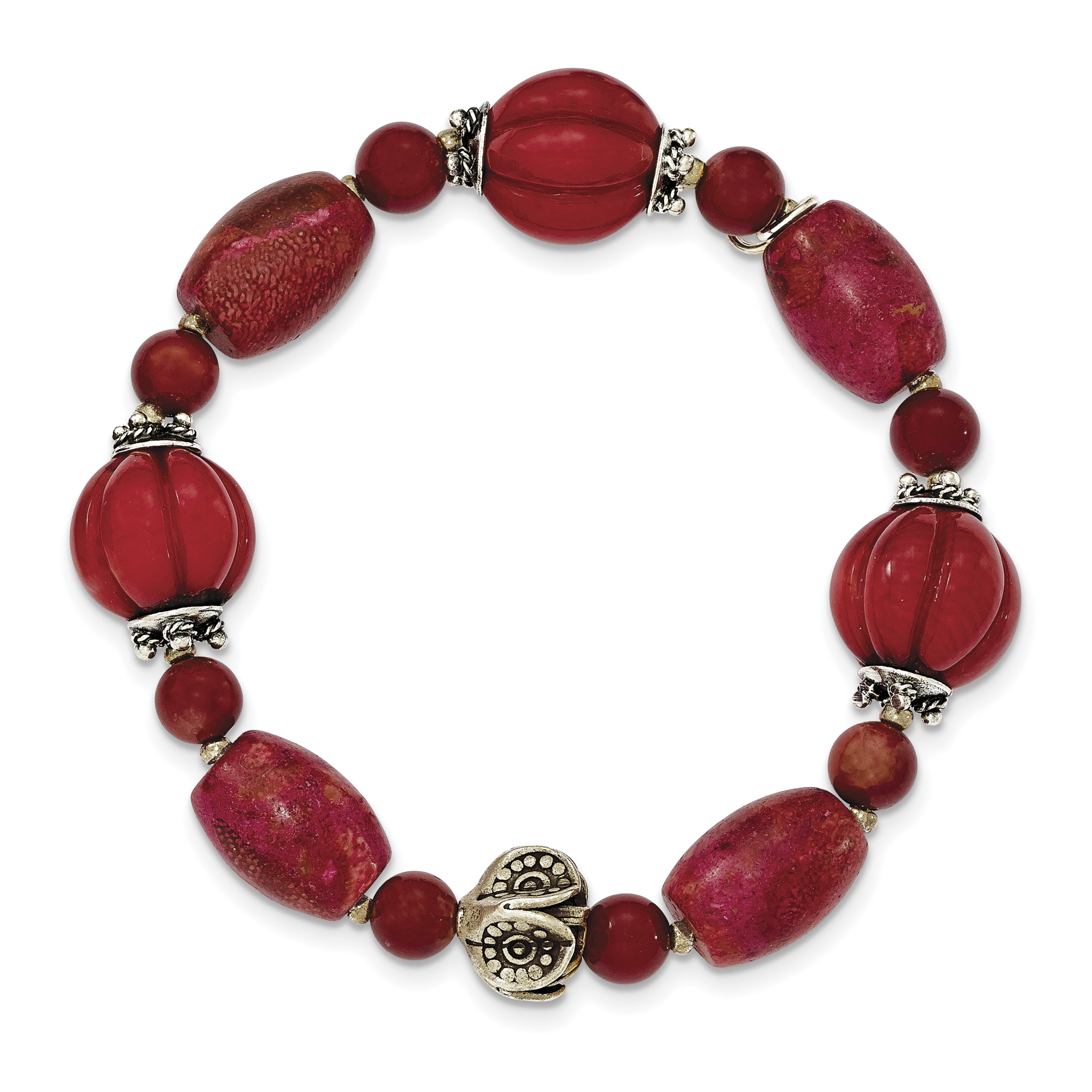 925 Sterling Silver Antiqued Beads & Red Coral Stretch Bracelet by