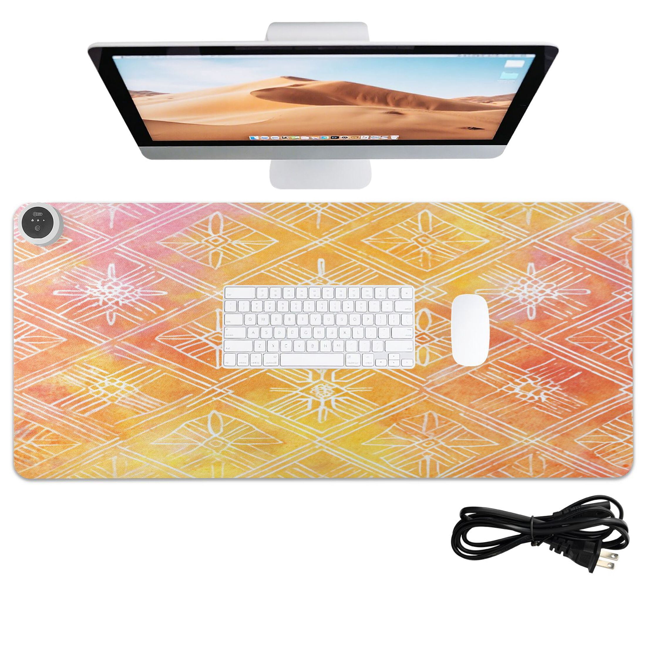 Large Heated Desk Mat Mouse Pad 31.5"x13"PU Leather Graphene Heating Desk Warmer with 3 Temperature Settings 110V US Plug Non-Slip Warm Pad for Home, Office, and Gaming Orange Watercolor Batik Print