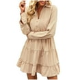 thumbnail image 2 of Sentmoon Button Womens Dresses Long Sleeve V Neck Fall Dresses for Women 2024 Loose Fit Ruffle Solid Color Midi Dresses,Plus Size Fashion A-line Dresses Khaki L, 2 of 7