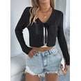 thumbnail image 4 of Women'S Tie Front Long Sleeve Scalloped Crop Cardigan Knit Top Black L, 4 of 8