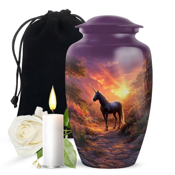 JAGASY Unicorn Urn for Ashes for Mother, Purple Large Urns for Human Ashes for Women & Men, Sunset Forest Trees & Mountain Decorative Urns for Parents, Handmade Cremation Urn for Father, (10 Inch)