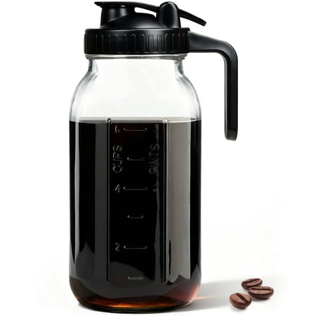 TINANA 64oz Wide Mouth Mason Jar Pitcher with Handle & Flip Lid, Heavy Duty Glass Cold Brew Coffee Maker, Airtight Leak-Proof Pitcher for Iced Tea, Juice, Lemonade