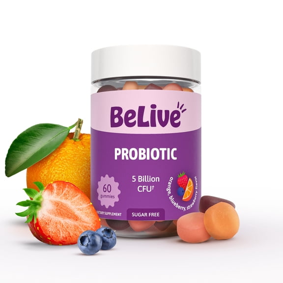 BeLive Probiotic Gummies - Gut Health, Immune and Digestive Support with 5 Billion CFUs - Sugar Free For Women, Men and Kids - Blueberry, Strawberry & Orange - 60 Count