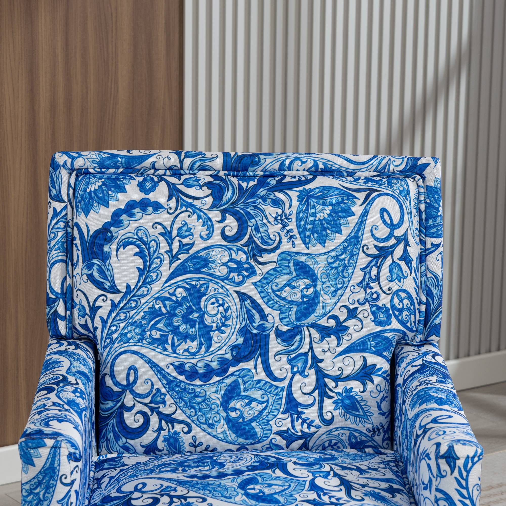 Mid Century Accent Chair Comfy Armchair with Wooden Legs & Nailhead Trim, Blue and White Striped Vintage Arm Chair, Blue and White