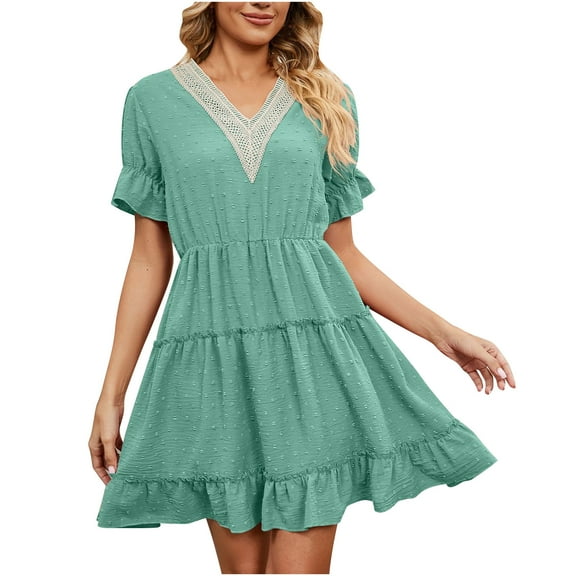 Summer Dresses for Womens 2025 Plus Size Fashion Solid Color Comfortable Loose Short Sleeve Casual Cut-out Lace Dress